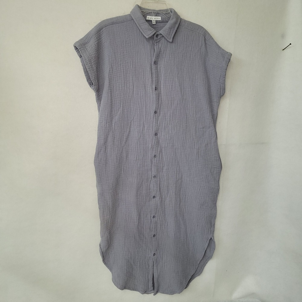 MIOU MUSE Gauze Shirt Dress Button Front Midi‎ Gray Small Medium Cotton Pockets